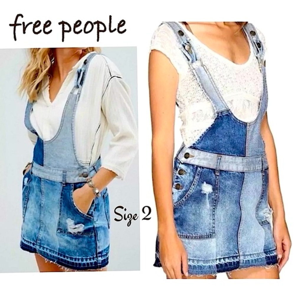 NWOT free people patchwork denim overall mini dress overalls distressed size 2